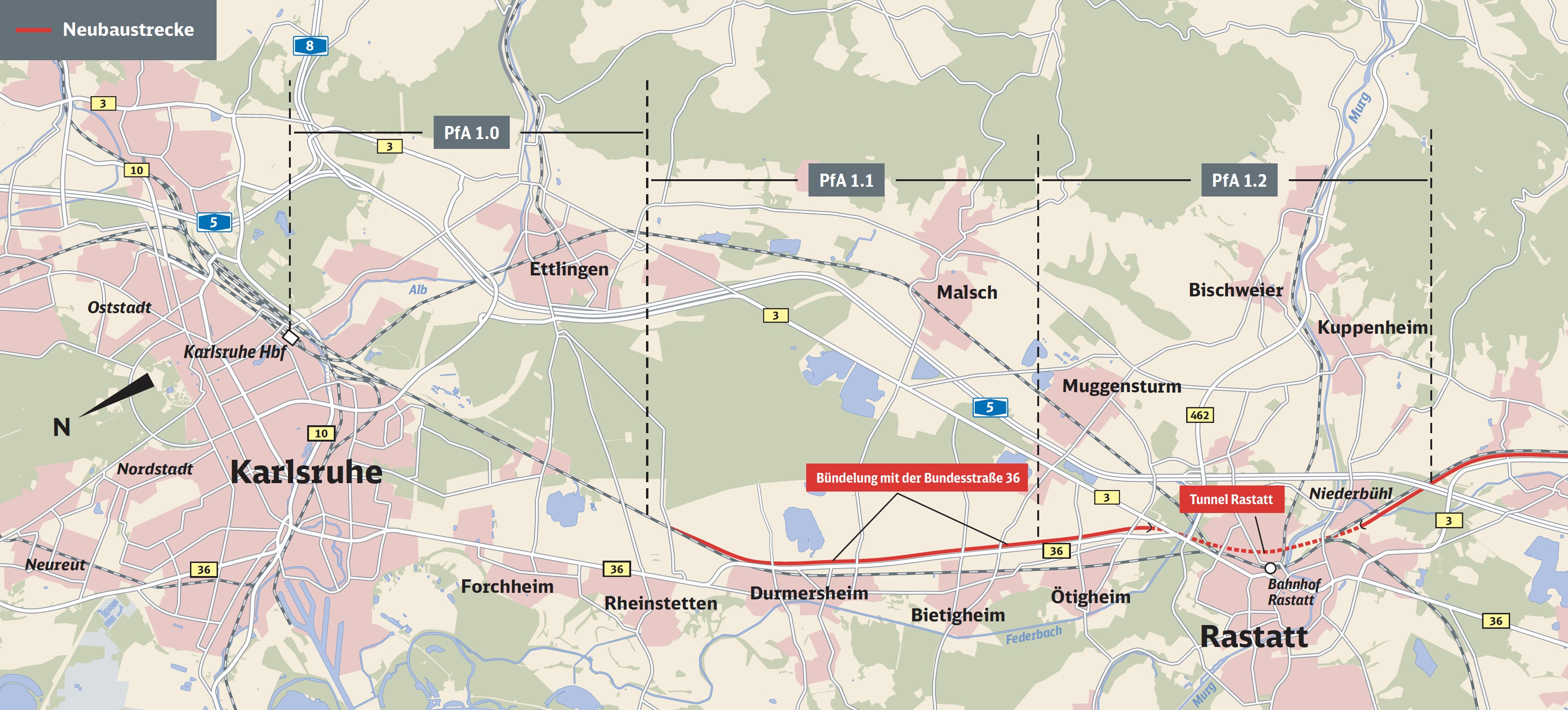 Karte zeigt den Streckenverlauf des Streckenabschnitts 1 von Karlsruhe bis Rastatt mit den Planfeststellungsabschnitten (PfA) 1.0, 1.1 und 1.2, Neubaustrecke in den PfA 1.1 und 1.2 in Rot. Im PfA 1.2 liegt der Tunnel Rastatt.