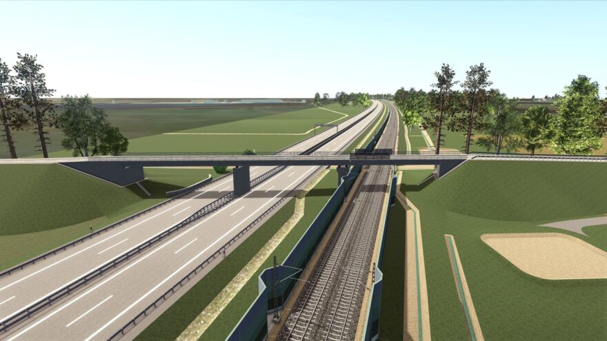 Visualisierung der Straßenüberführung Wirtschaftsweg über Neubaustrecke und Bundesautobahn 5