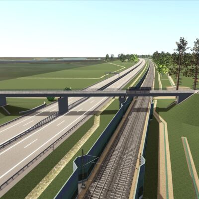 Visualisierung der Straßenüberführung Wirtschaftsweg über Neubaustrecke und Bundesautobahn 5